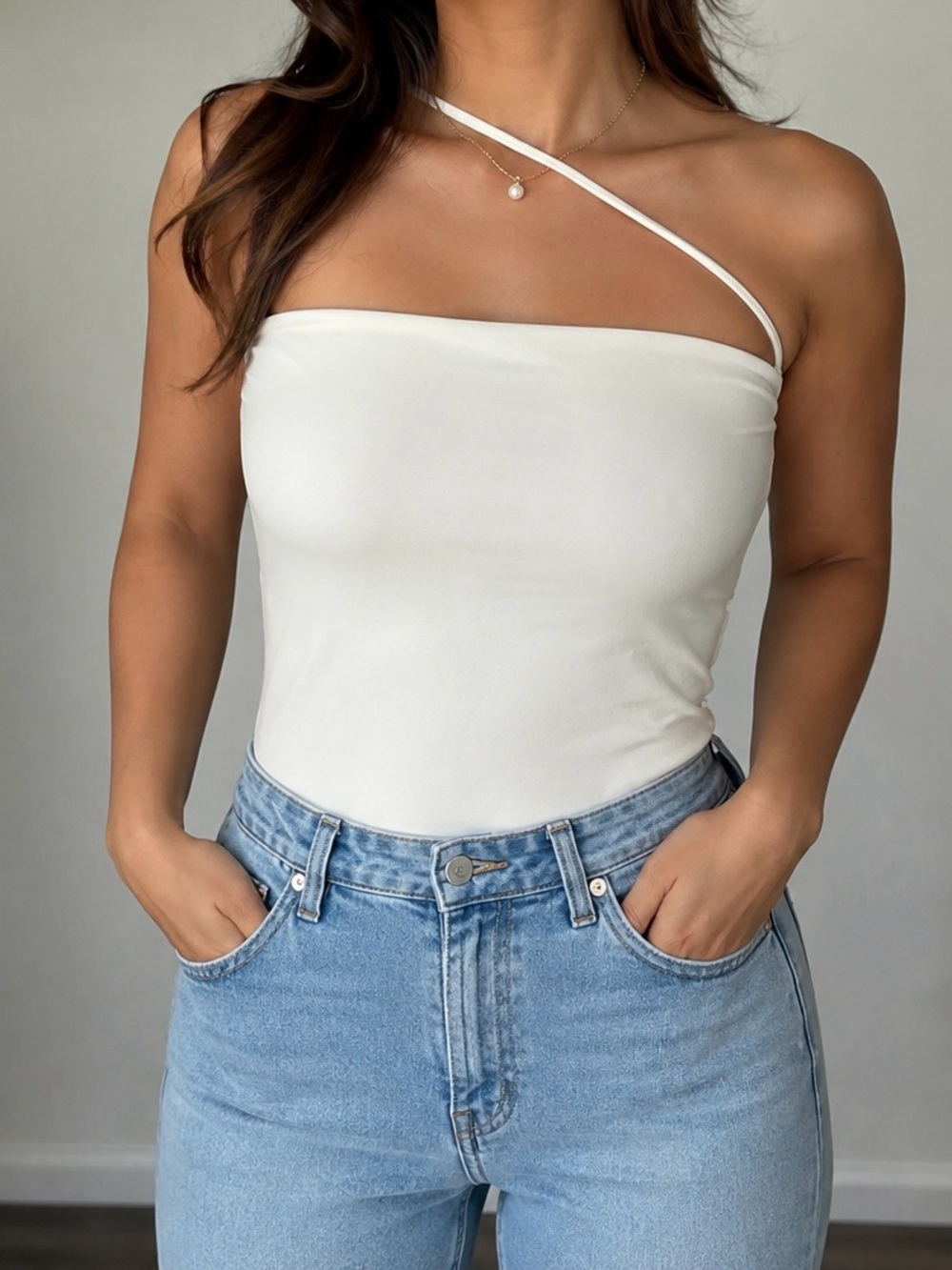 PrettyLittleThing Cream Asymmetrical Strap Bodysuit